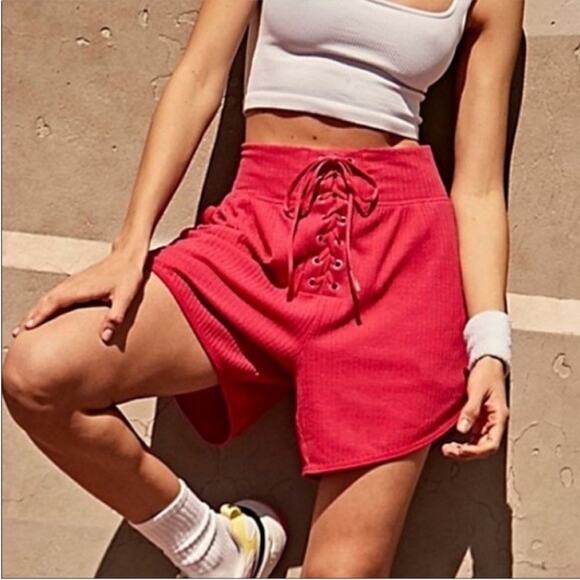 Free People Movement Can’t Handle This Pink Ribbed Lace Up Shorts Size S - Picture 1 of 12
